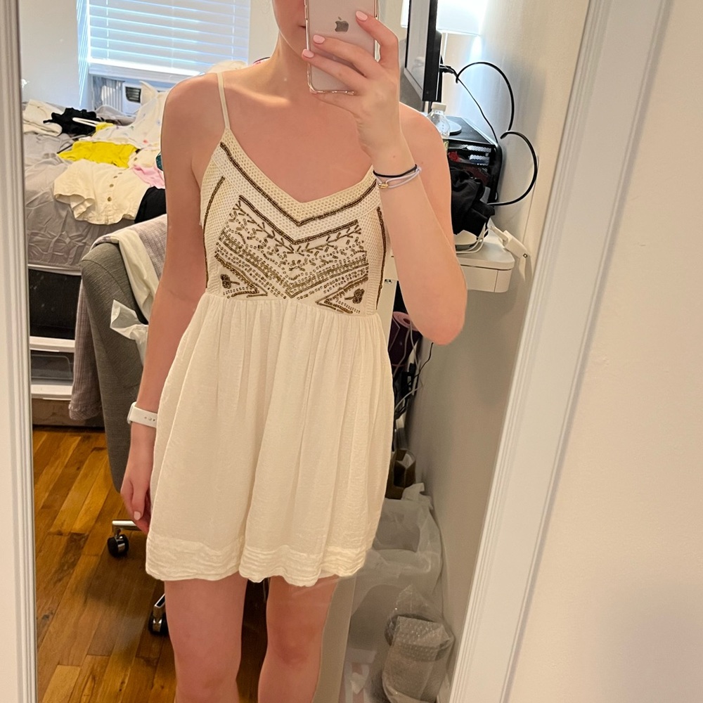 Ecote Urban Outfitters Rowan Embellished Fit & Flare Cream/White Mini Dress